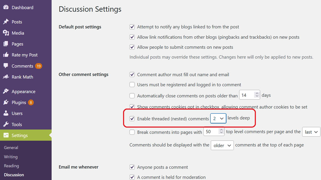 WordPress discussion depth settings